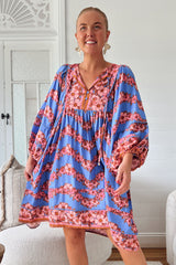 JAASE - Adela Mini Dress: Oversized Smock Dress with Batwing Sleeves in Little Flowers Print