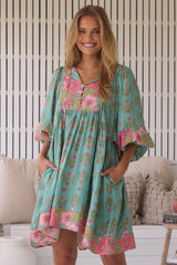 JAASE - Adela Mini Dress: Oversized Smock Dress with Batwing Sleeves in Meadowland Print