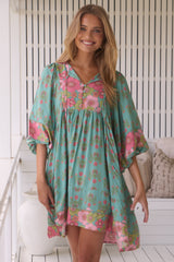 JAASE - Adela Mini Dress: Oversized Smock Dress with Batwing Sleeves in Meadowland Print