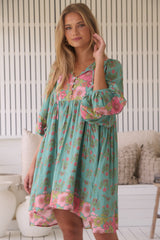 JAASE - Adela Mini Dress: Oversized Smock Dress with Batwing Sleeves in Meadowland Print