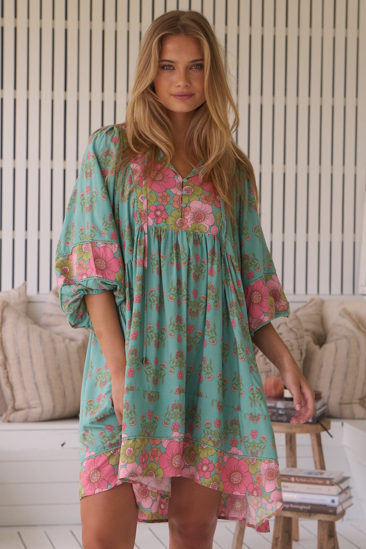 JAASE - Adela Mini Dress: Oversized Smock Dress with Batwing Sleeves in Meadowland Print