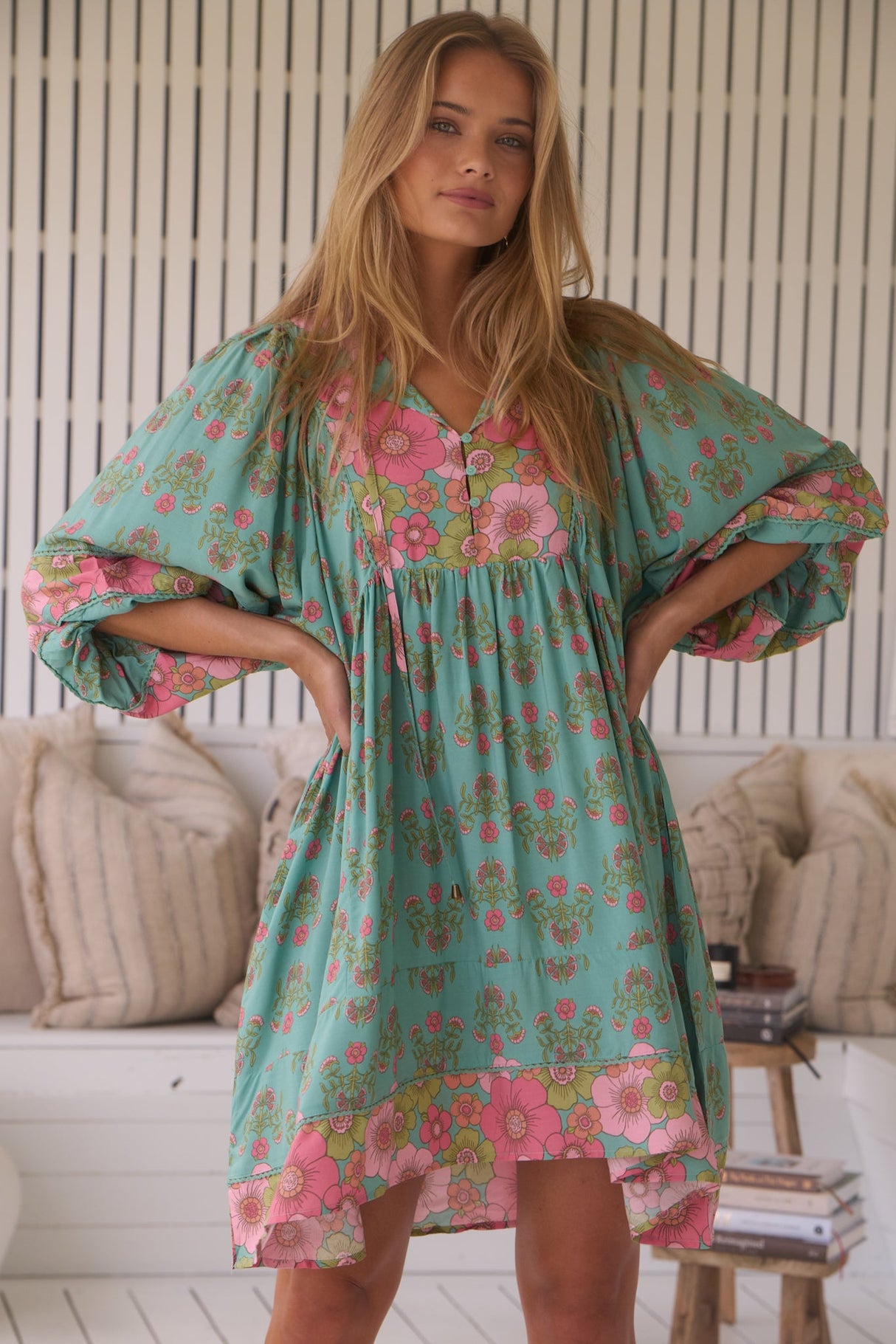 JAASE - Adela Mini Dress: Oversized Smock Dress with Batwing Sleeves in Meadowland Print