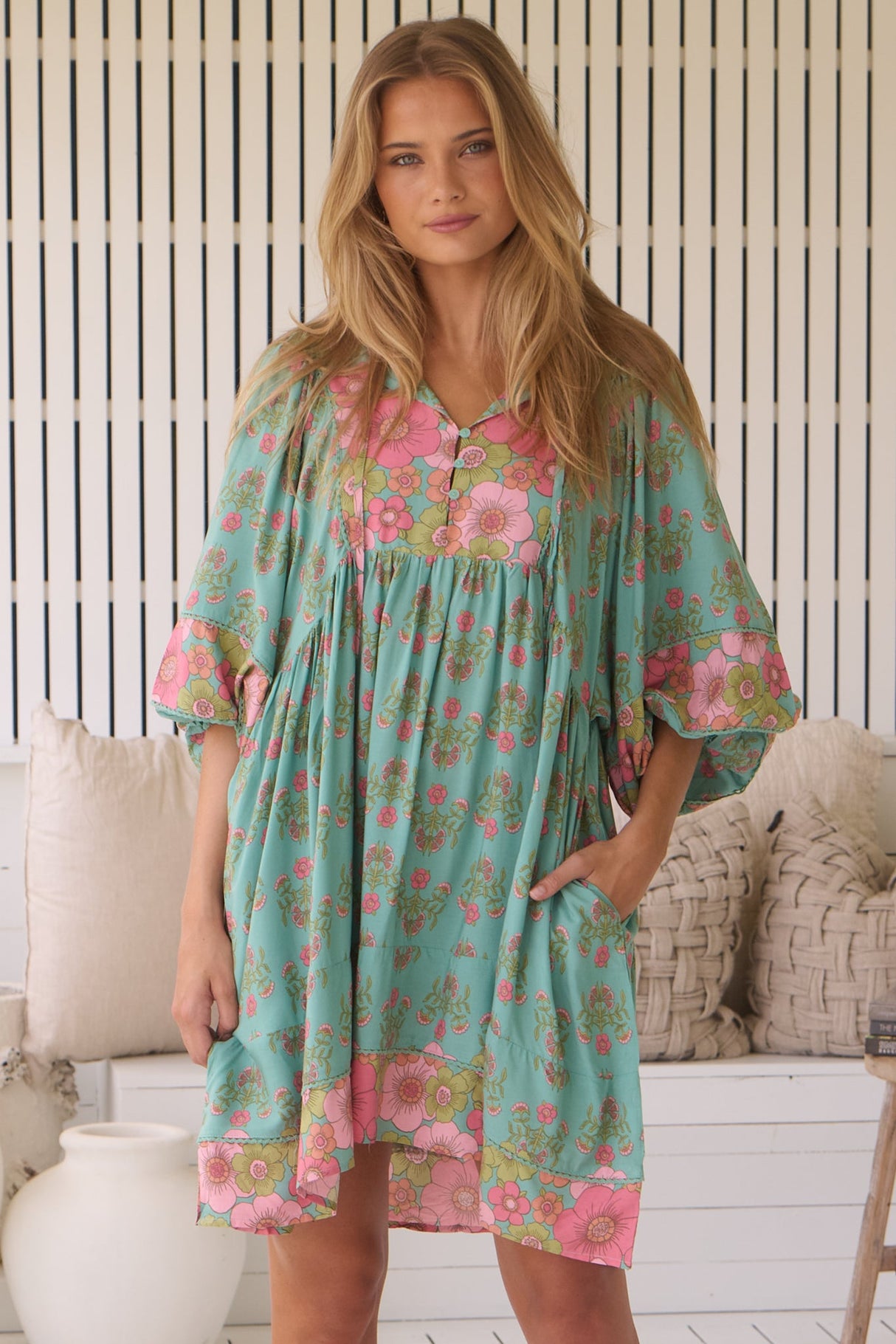 JAASE - Adela Mini Dress: Oversized Smock Dress with Batwing Sleeves in Meadowland Print