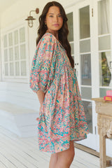 JAASE - Adela Mini Dress: Oversized Smock Dress with Batwing Sleeves in Ocean Lullaby Print