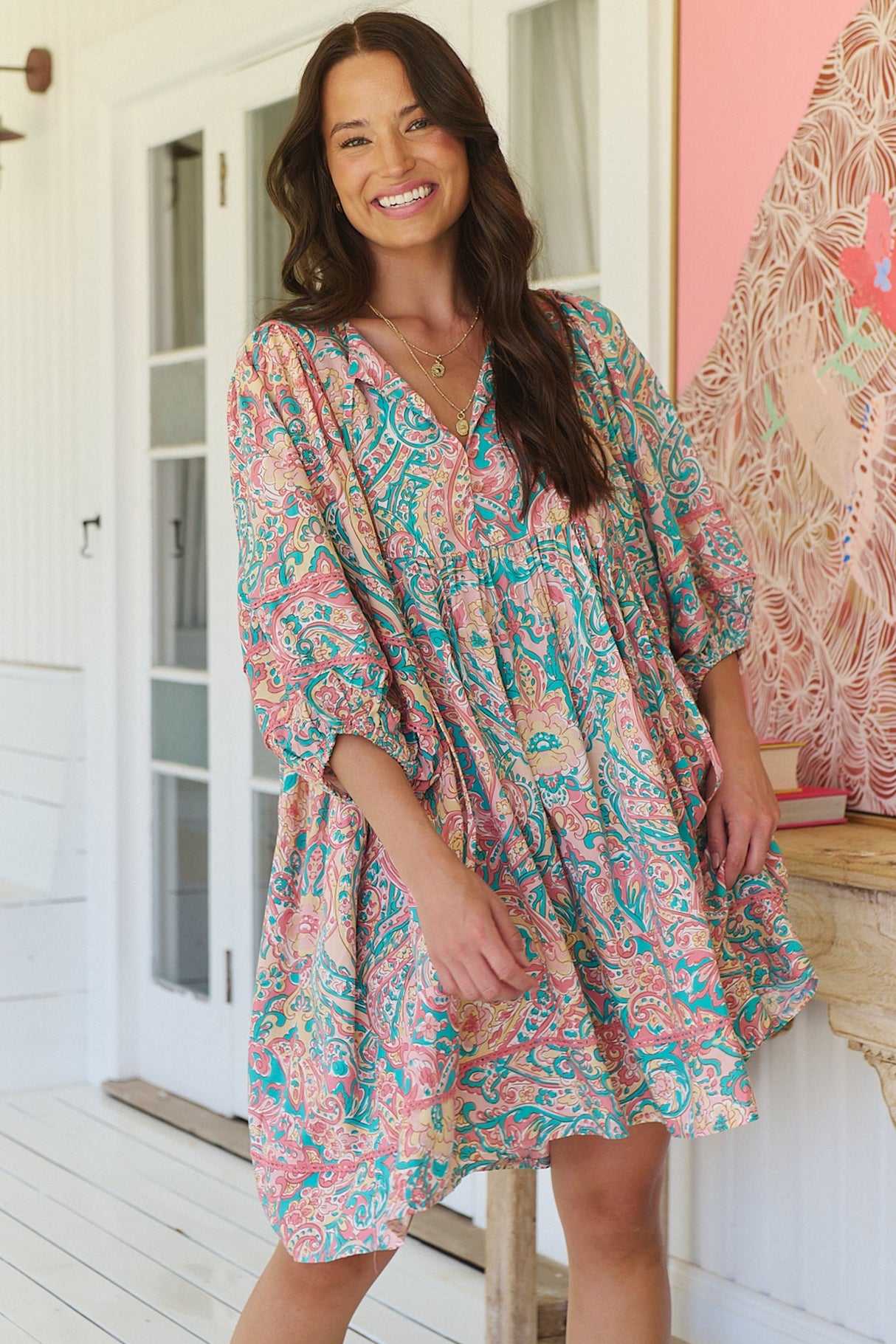 JAASE - Adela Mini Dress: Oversized Smock Dress with Batwing Sleeves in Ocean Lullaby Print