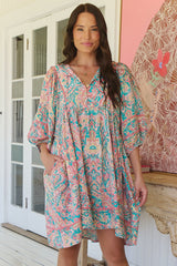 JAASE - Adela Mini Dress: Oversized Smock Dress with Batwing Sleeves in Ocean Lullaby Print