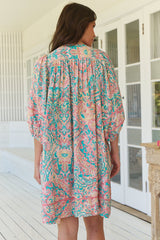 JAASE - Adela Mini Dress: Oversized Smock Dress with Batwing Sleeves in Ocean Lullaby Print