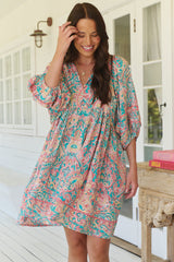 JAASE - Adela Mini Dress: Oversized Smock Dress with Batwing Sleeves in Ocean Lullaby Print