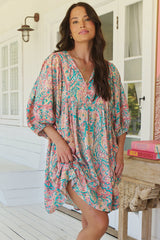 JAASE - Adela Mini Dress: Oversized Smock Dress with Batwing Sleeves in Ocean Lullaby Print