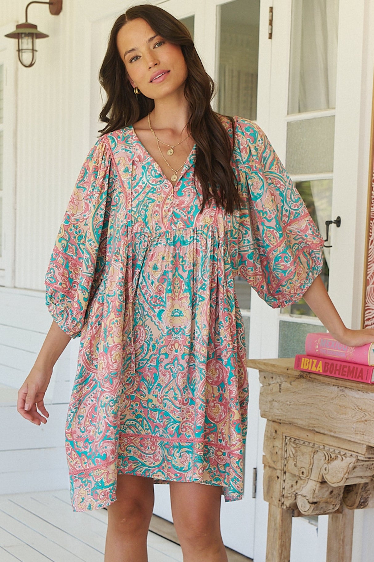 JAASE - Adela Mini Dress: Oversized Smock Dress with Batwing Sleeves in Ocean Lullaby Print