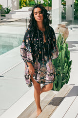 Adela Mini Dress - Oversized Smock Dress with Batwing Sleeves in Super Nova Print