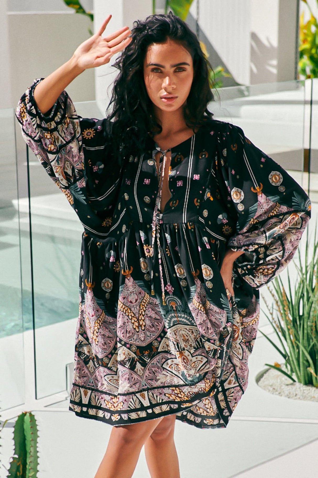 Adela Mini Dress - Oversized Smock Dress with Batwing Sleeves in Super Nova Print