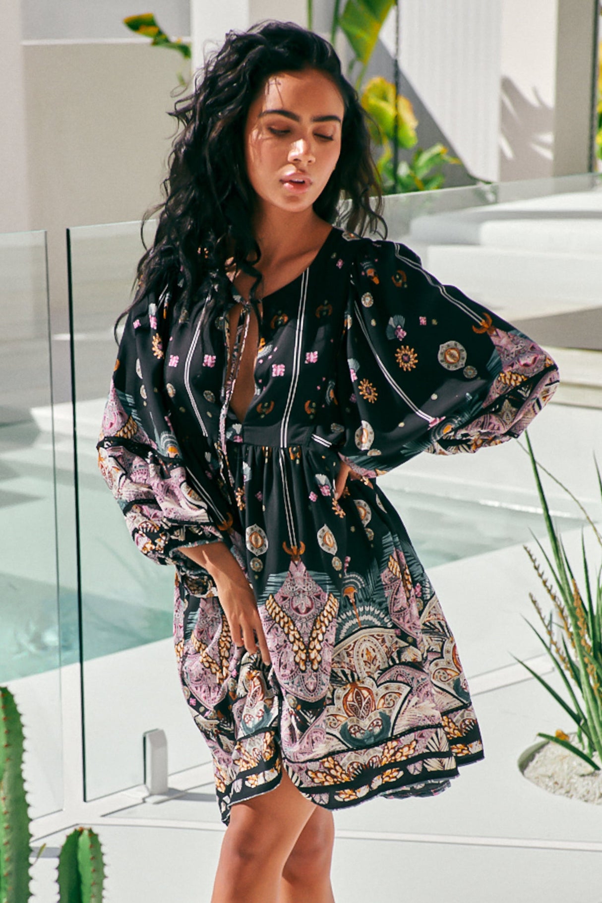 Adela Mini Dress - Oversized Smock Dress with Batwing Sleeves in Super Nova Print