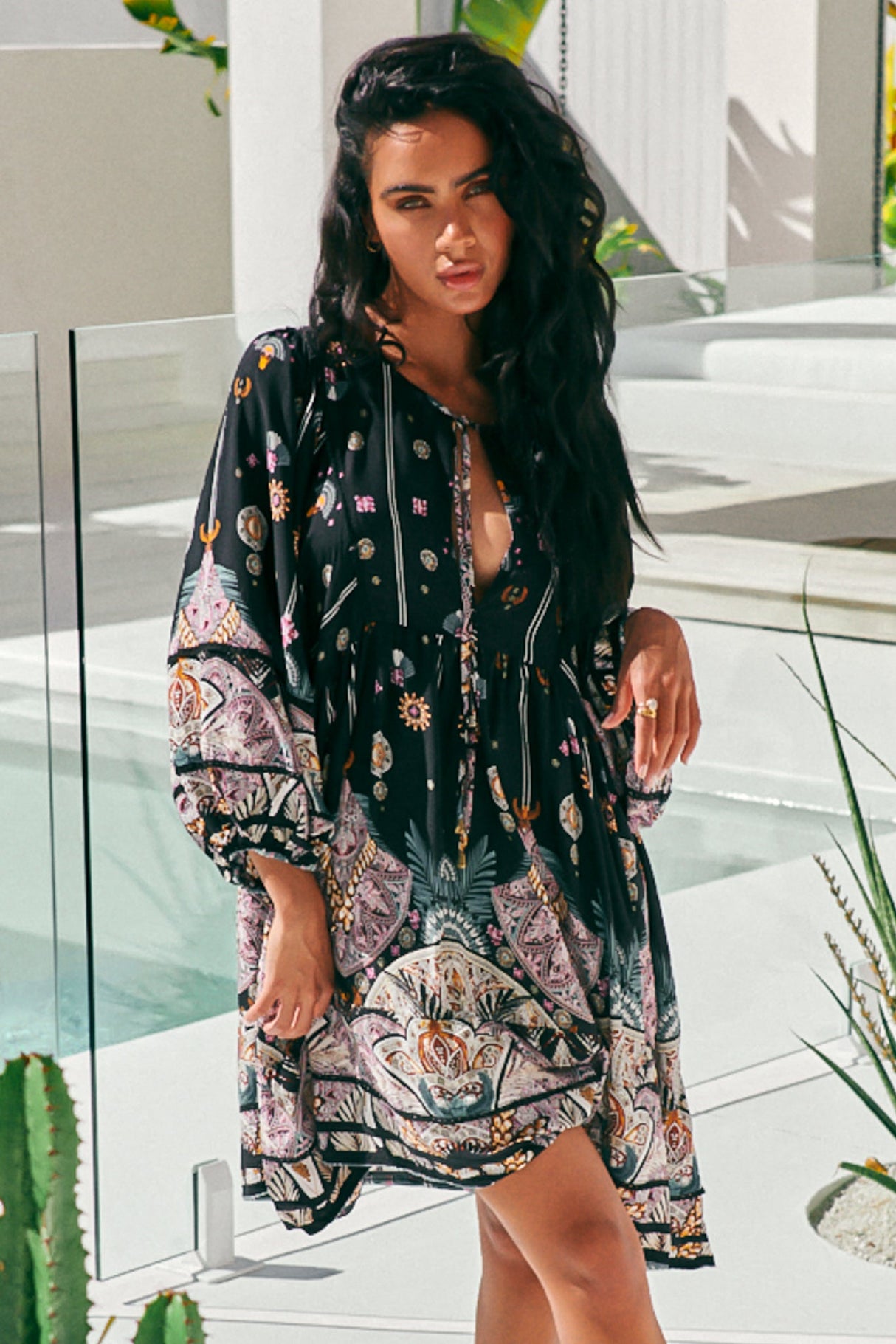 Adela Mini Dress - Oversized Smock Dress with Batwing Sleeves in Super Nova Print