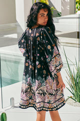 Adela Mini Dress - Oversized Smock Dress with Batwing Sleeves in Super Nova Print