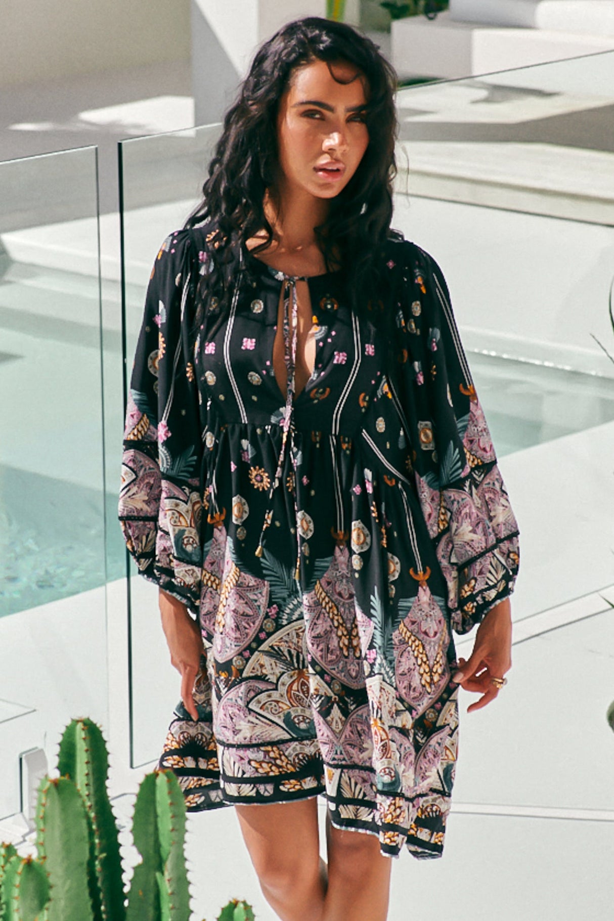 JAASE - Adela Mini Dress: Oversized Smock Dress with Batwing Sleeves in Super Nova Print