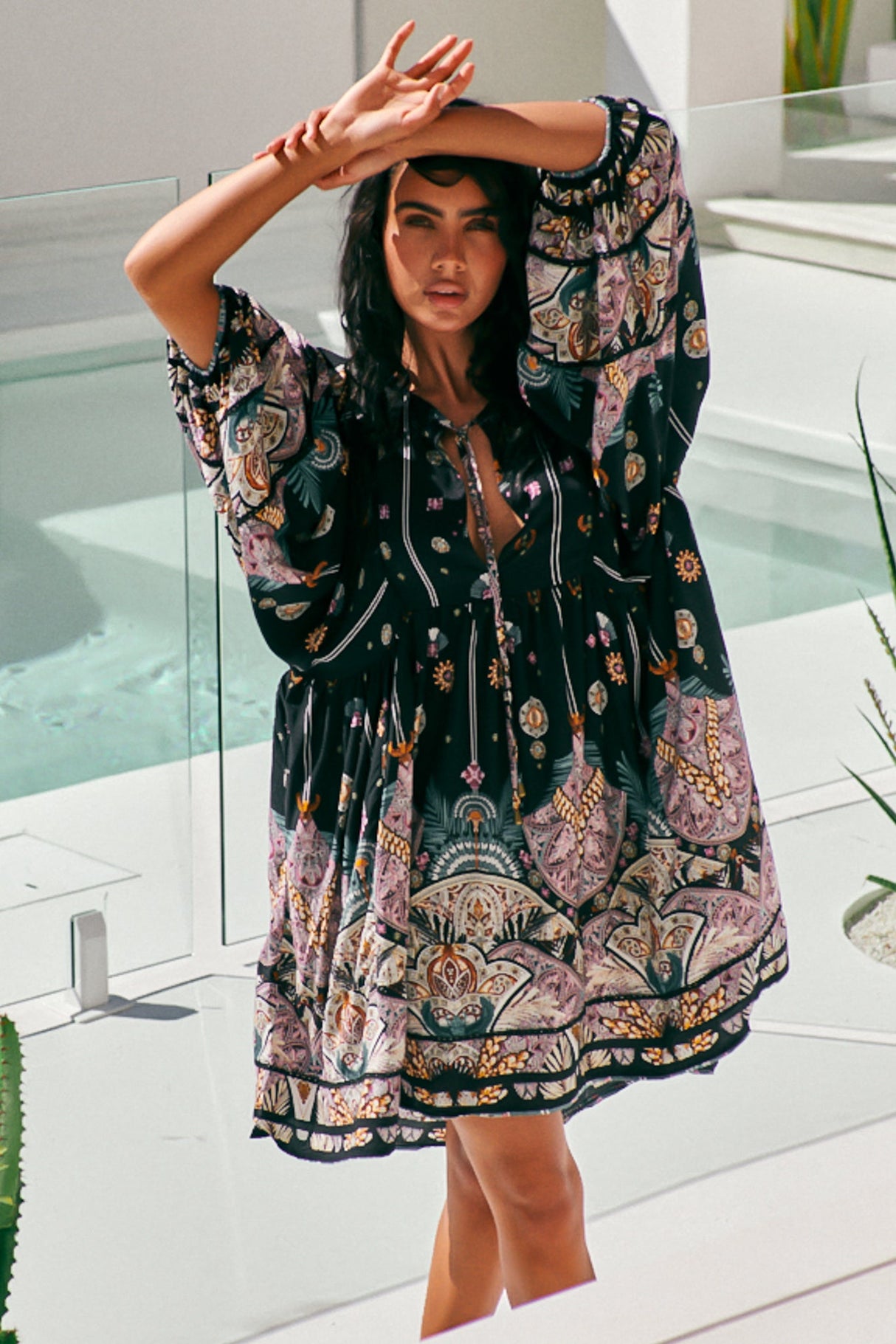 JAASE - Adela Mini Dress: Oversized Smock Dress with Batwing Sleeves in Super Nova Print