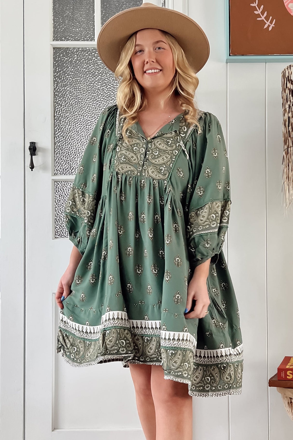 JAASE - Adela Mini Dress: Oversized Smock Dress with Batwing Sleeves in Viridian Print