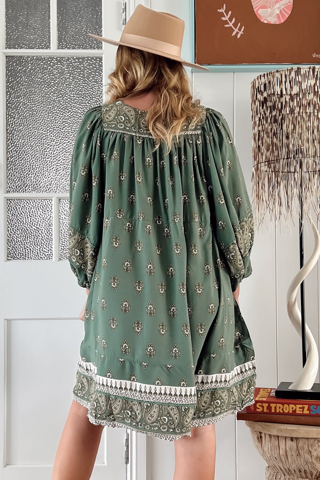 JAASE - Adela Mini Dress: Oversized Smock Dress with Batwing Sleeves in Viridian Print
