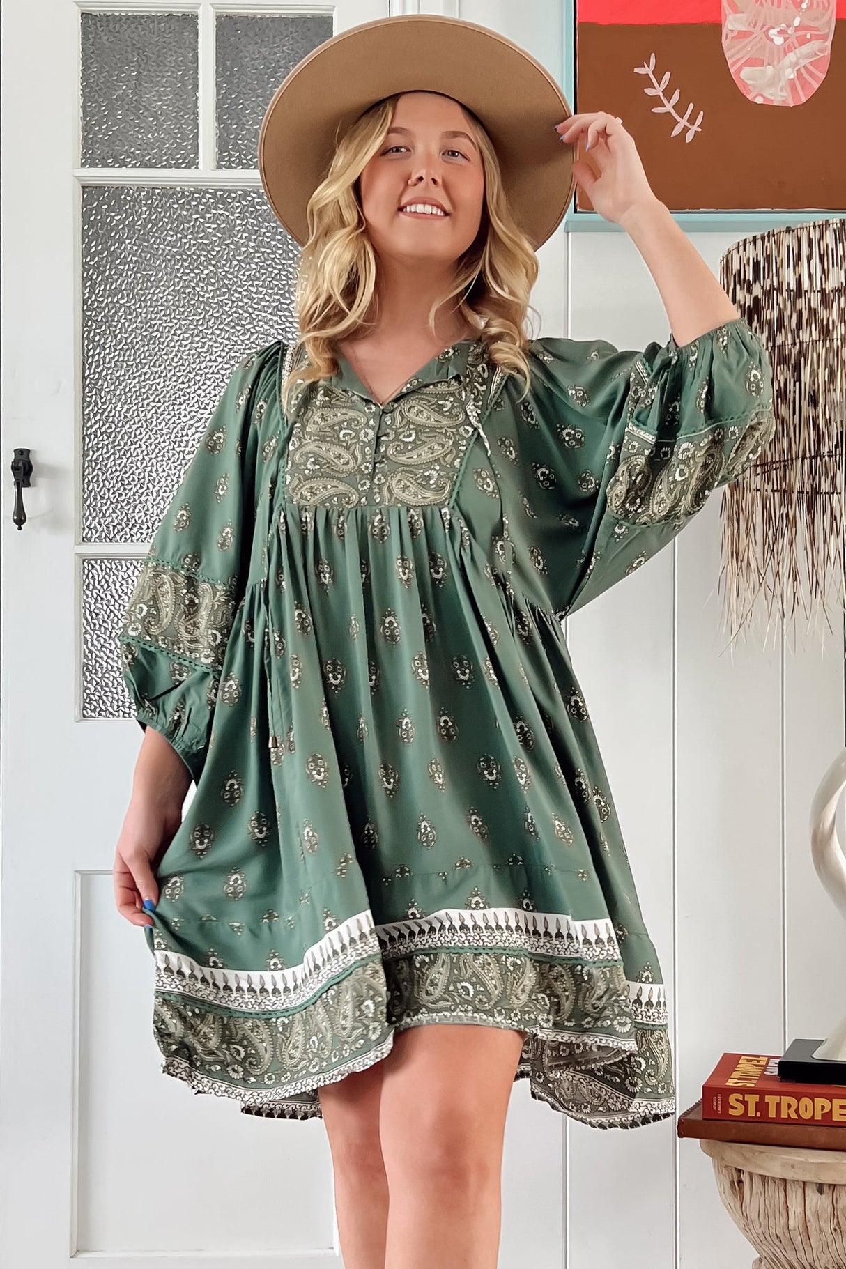 JAASE - Adela Mini Dress: Oversized Smock Dress with Batwing Sleeves in Viridian Print