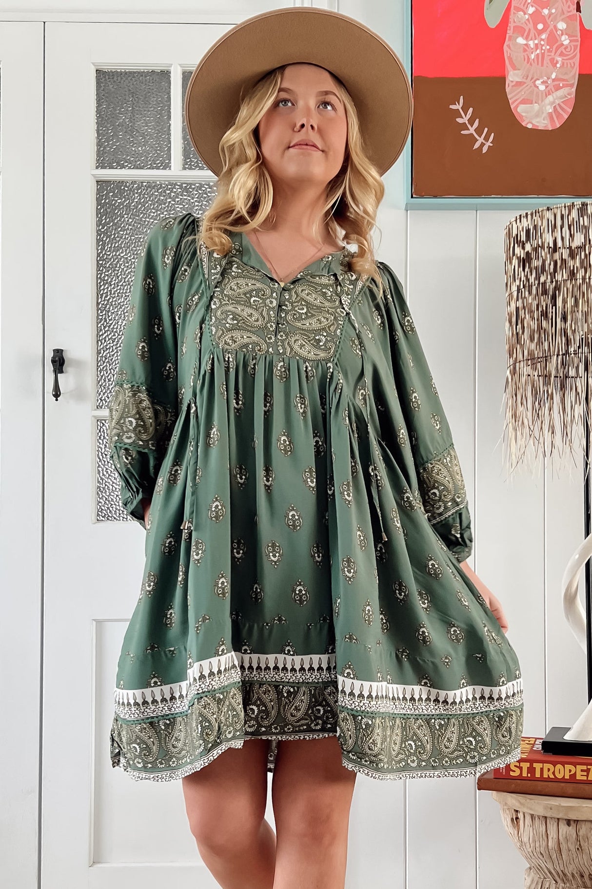 JAASE - Adela Mini Dress: Oversized Smock Dress with Batwing Sleeves in Viridian Print