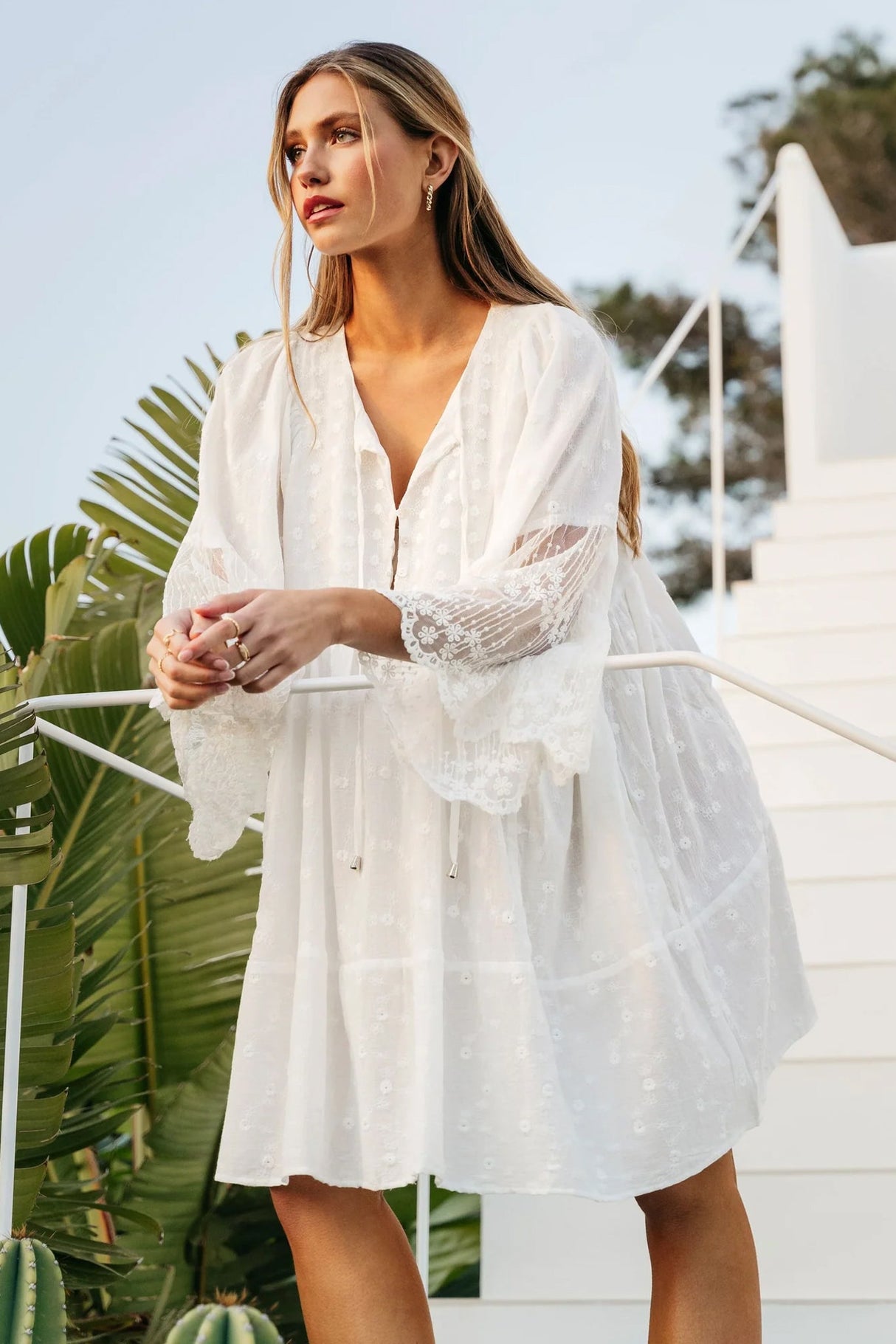 JAASE - Adela Mini Dress: Cotton Lace and Embroidered Smock Dress in White