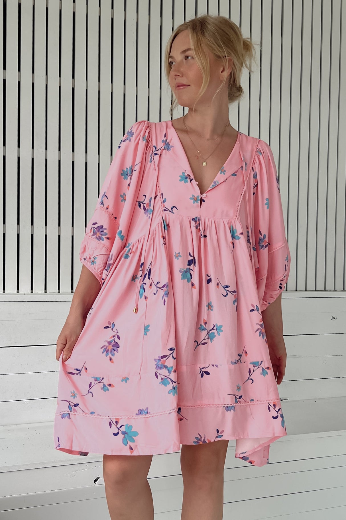 JAASE - Adela Mini Dress: Oversized Smock Dress with Batwing Sleeves in Wild Berry Print