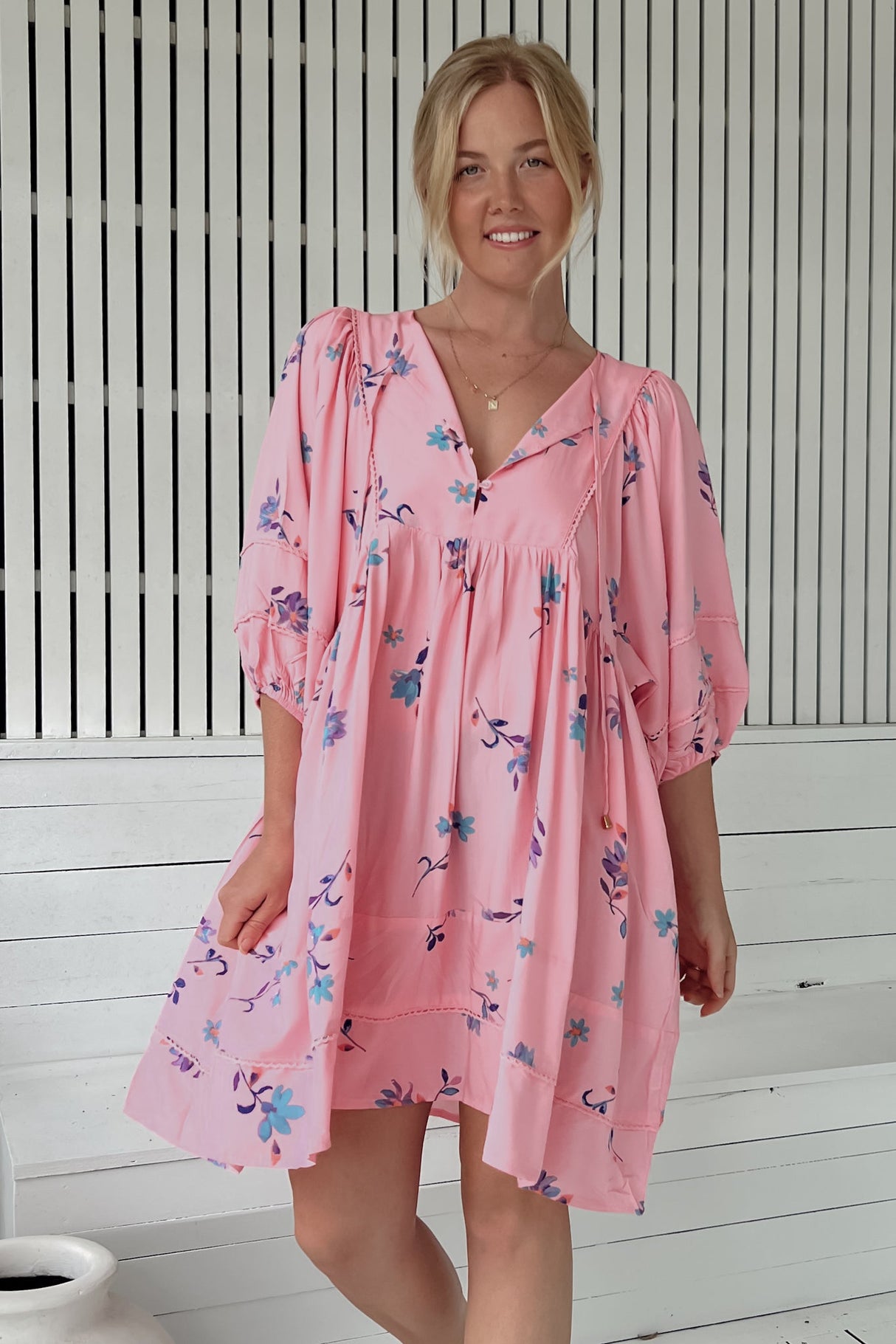 JAASE - Adela Mini Dress: Oversized Smock Dress with Batwing Sleeves in Wild Berry Print