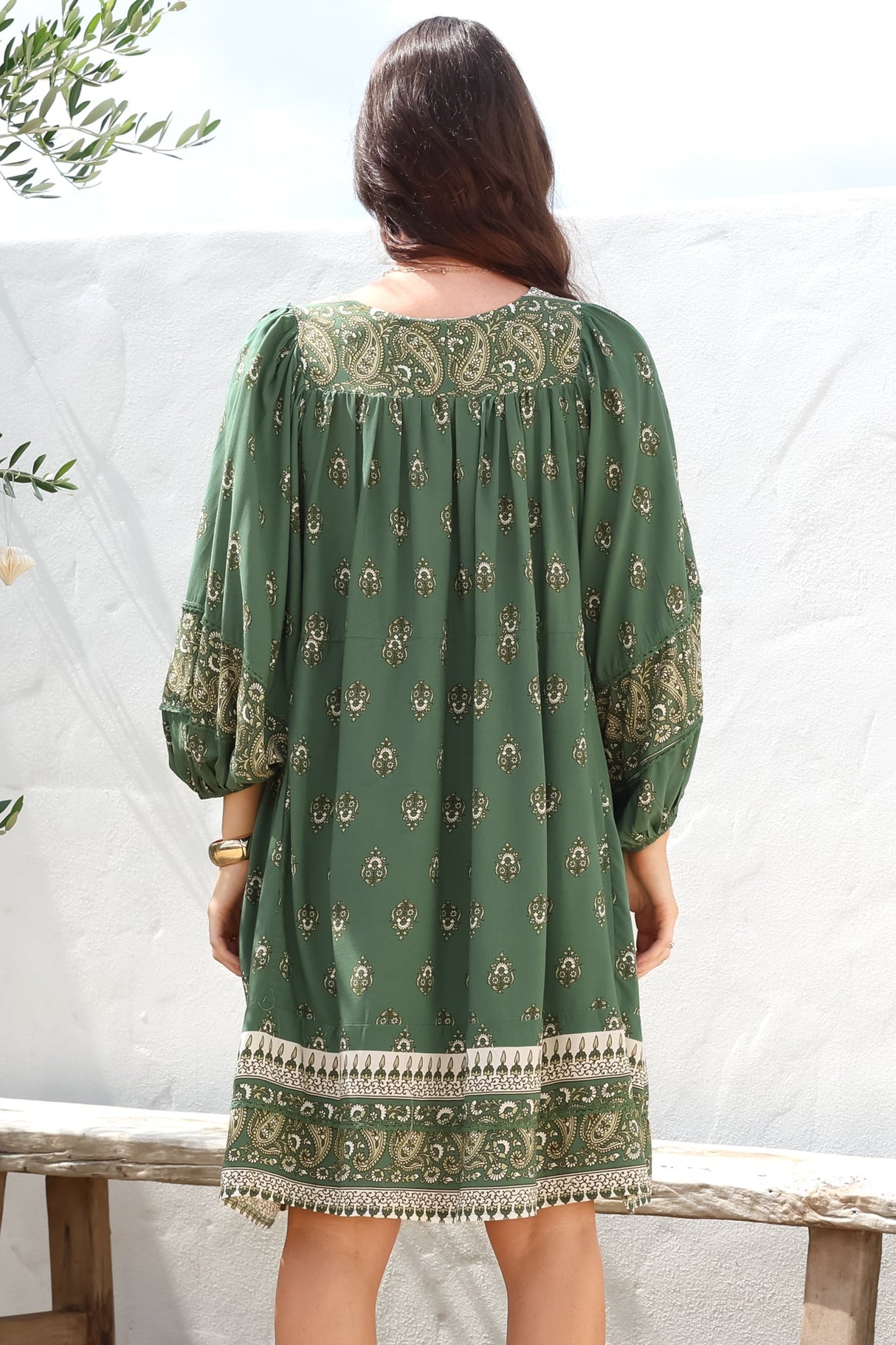 Adela Mini Dress - Oversized Smock Dress with Batwing Sleeves in Viridian Print