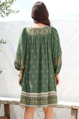 Adela Mini Dress - Oversized Smock Dress with Batwing Sleeves in Viridian Print