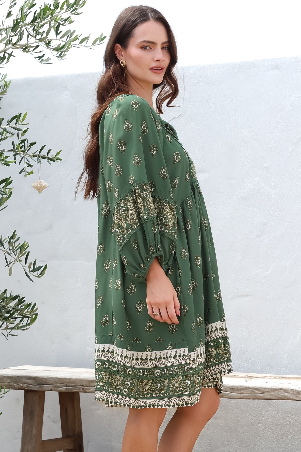 Adela Mini Dress - Oversized Smock Dress with Batwing Sleeves in Viridian Print