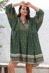 Adela Mini Dress - Oversized Smock Dress with Batwing Sleeves in Viridian Print