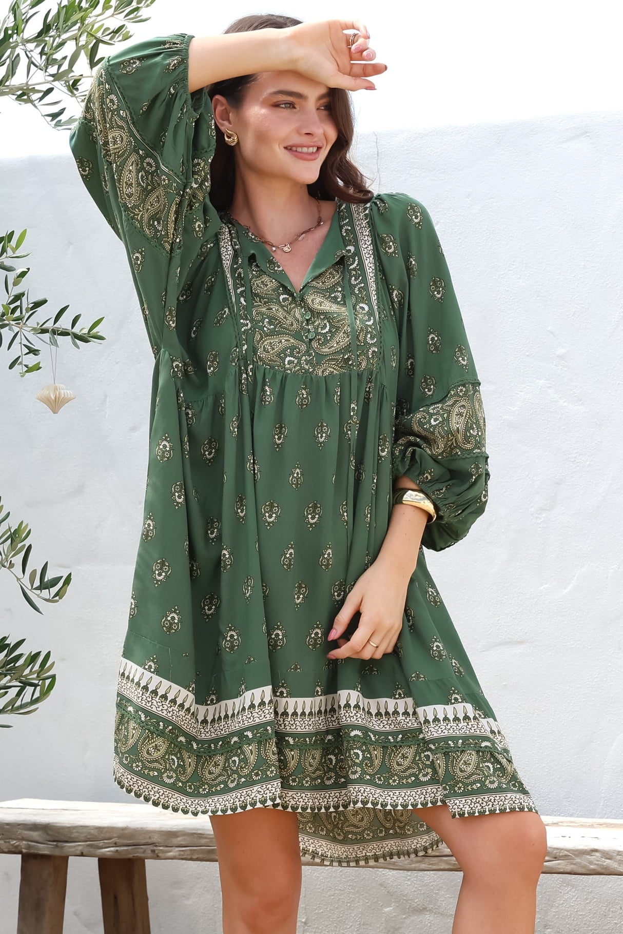 Adela Mini Dress - Oversized Smock Dress with Batwing Sleeves in Viridian Print