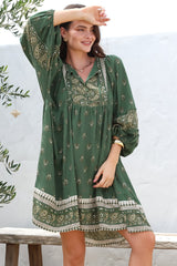 Adela Mini Dress - Oversized Smock Dress with Batwing Sleeves in Viridian Print