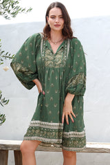 Adela Mini Dress - Oversized Smock Dress with Batwing Sleeves in Viridian Print