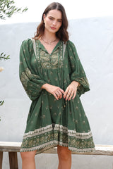 Adela Mini Dress - Oversized Smock Dress with Batwing Sleeves in Viridian Print