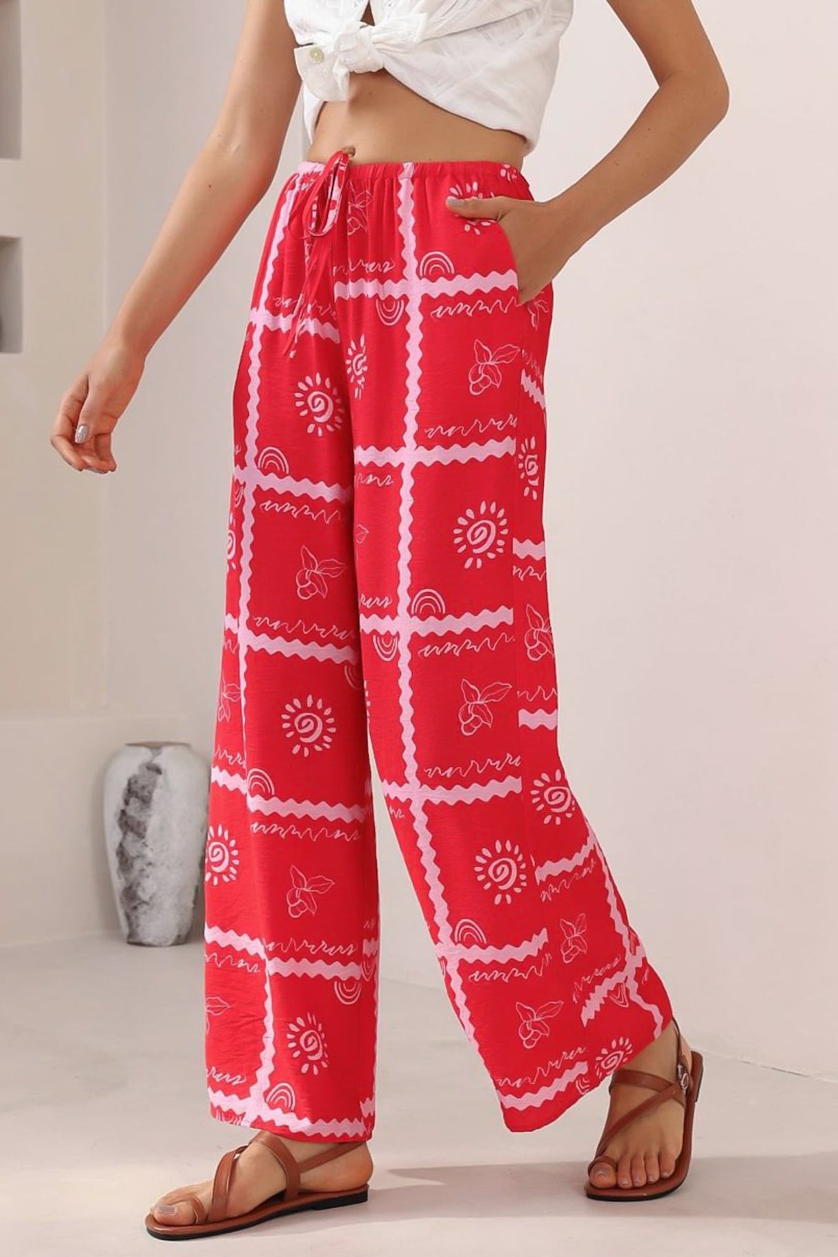 Adelaide Pants - Drawstring High Waisted Wide Leg Pant in Cambria Print