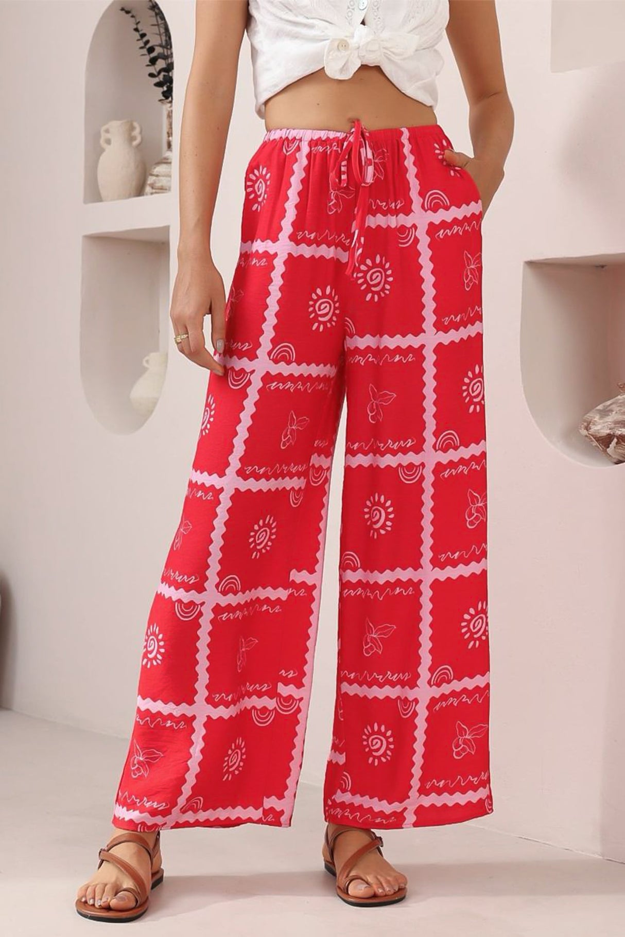Adelaide Pants - Drawstring High Waisted Wide Leg Pant in Cambria Print