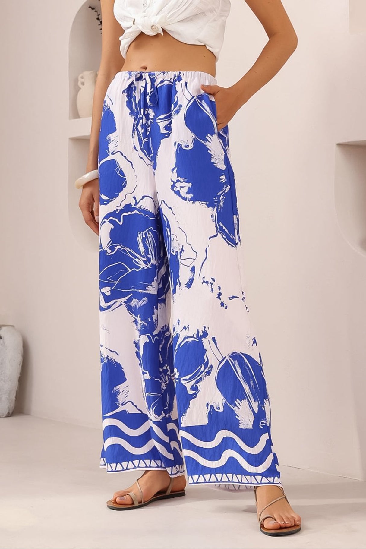 Adelaide Pants - Drawstring High Waisted Wide Leg Pant in Katiya Print