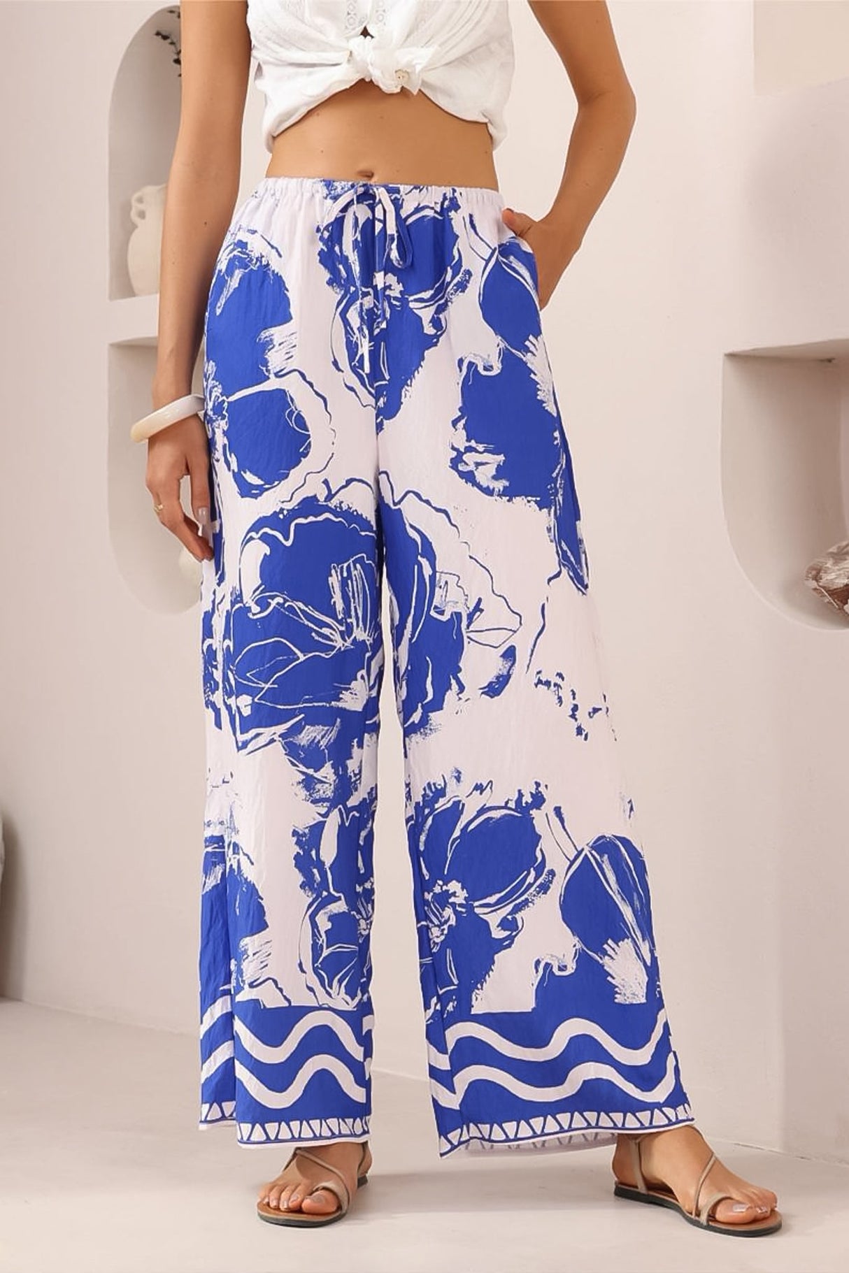 Adelaide Pants - Drawstring High Waisted Wide Leg Pant in Katiya Print