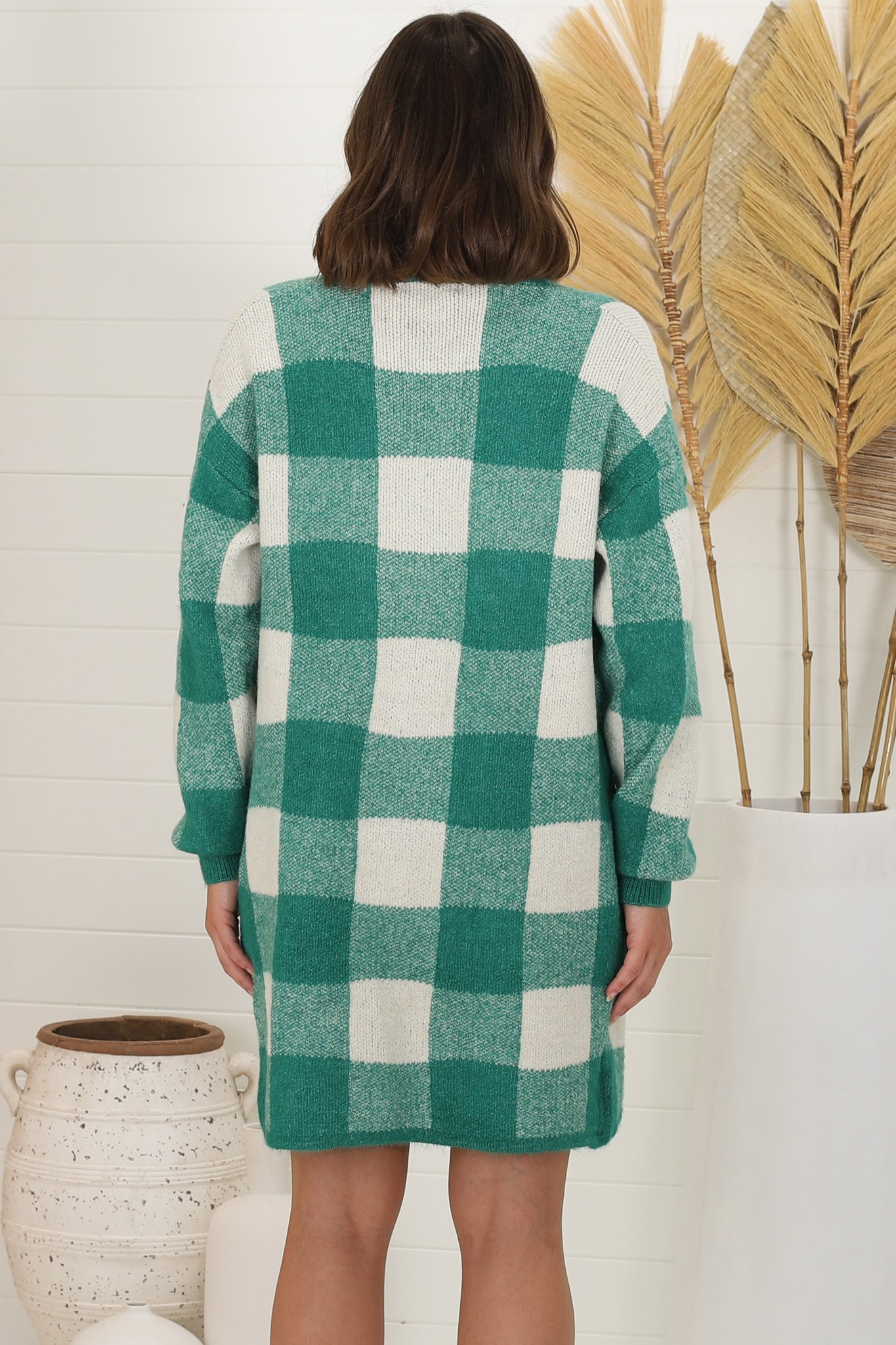 Adelen Cardigan - Folded Center Front Checkered Cardigan in Green