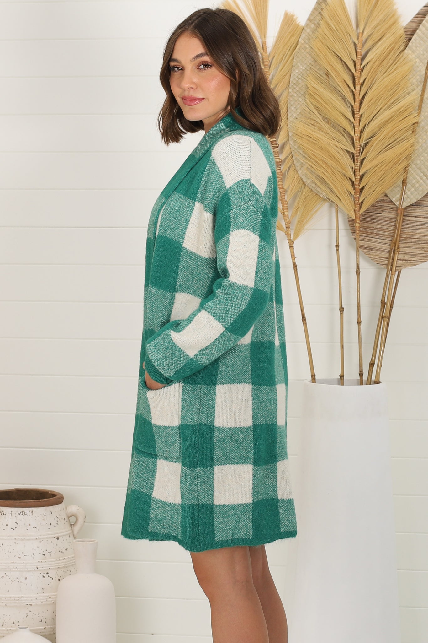 Adelen Cardigan - Folded Center Front Checkered Cardigan in Green