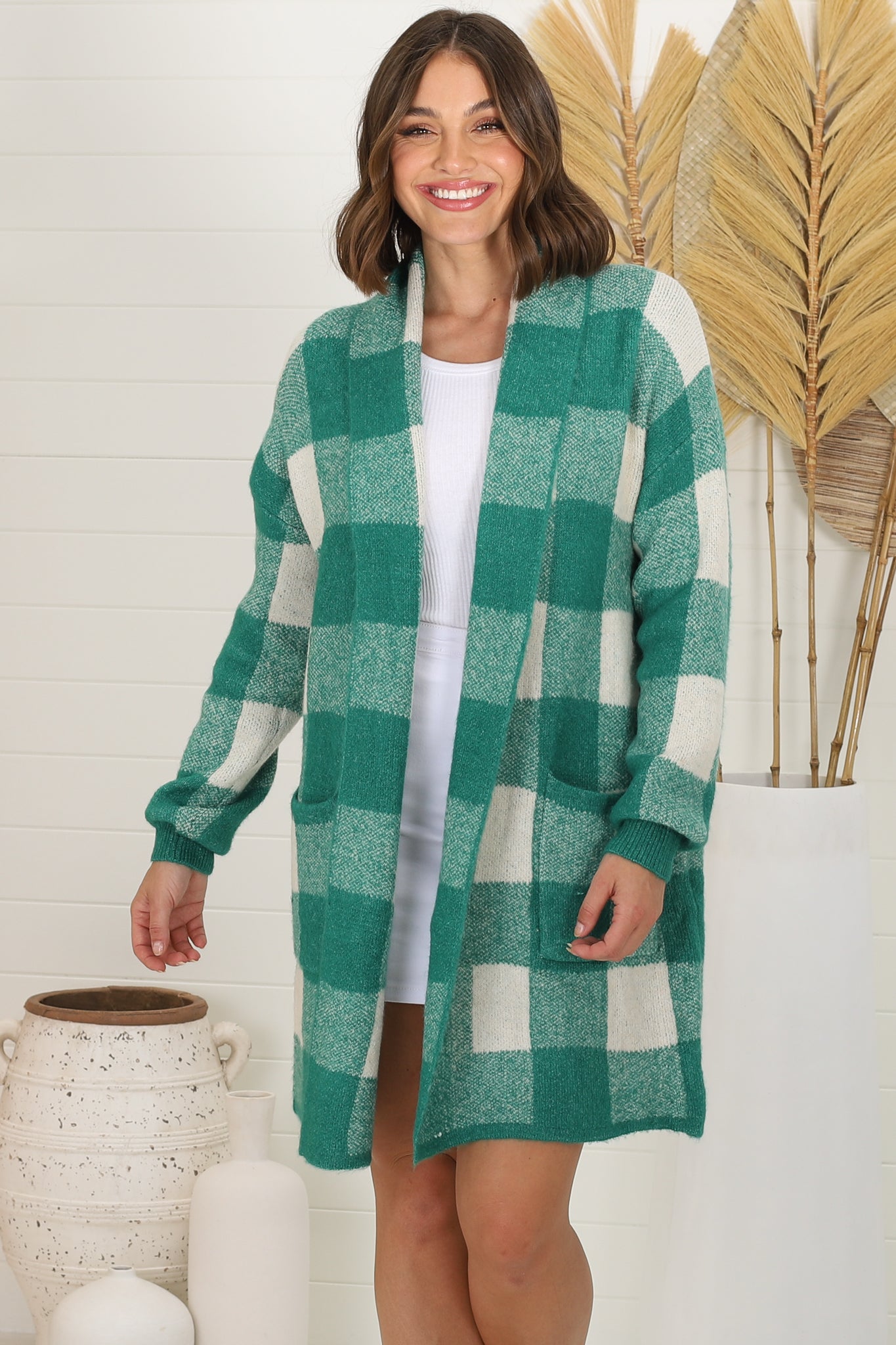 Adelen Cardigan - Folded Center Front Checkered Cardigan in Green