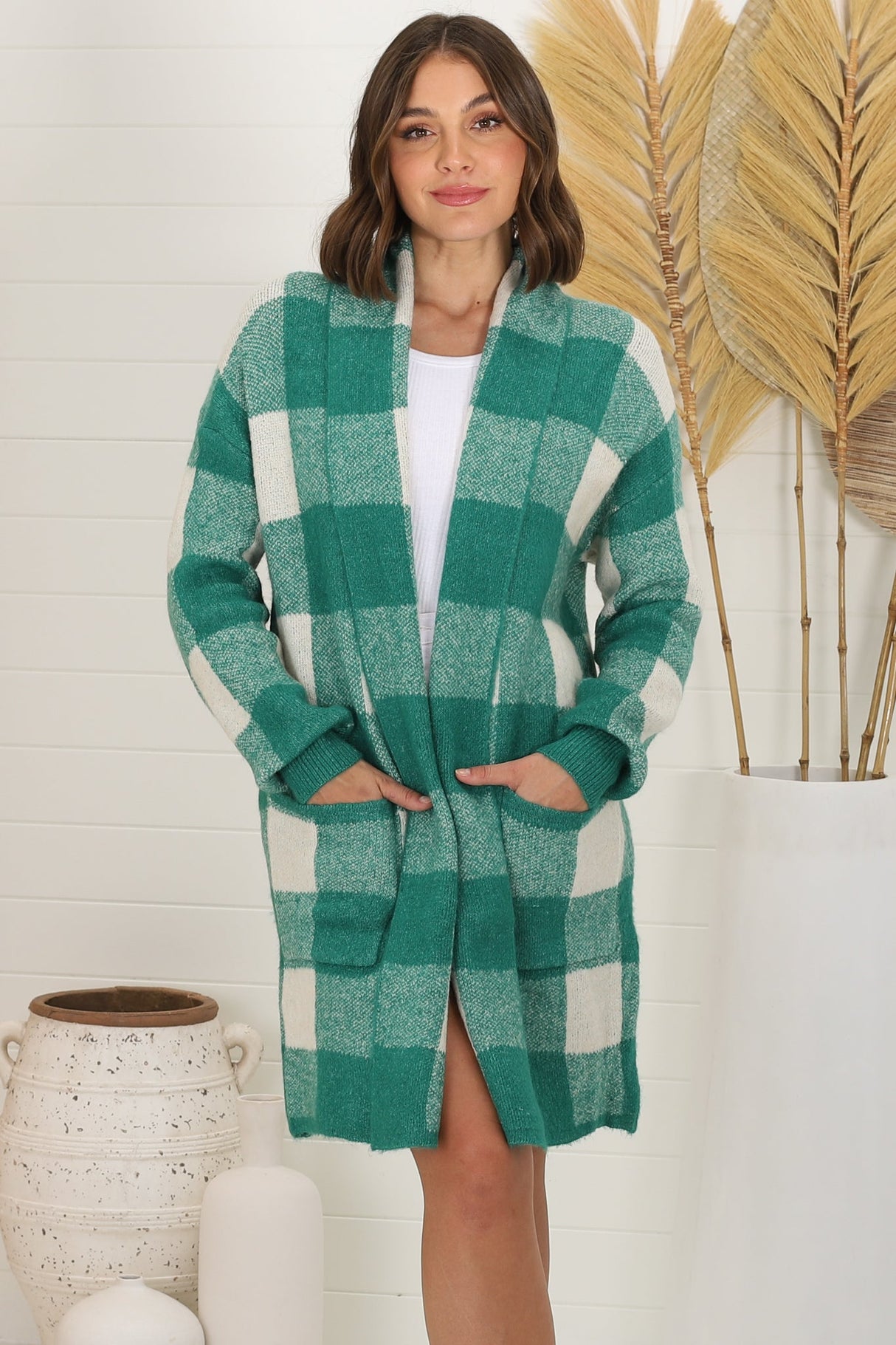 Adelen Cardigan - Folded Center Front Checkered Cardigan in Green