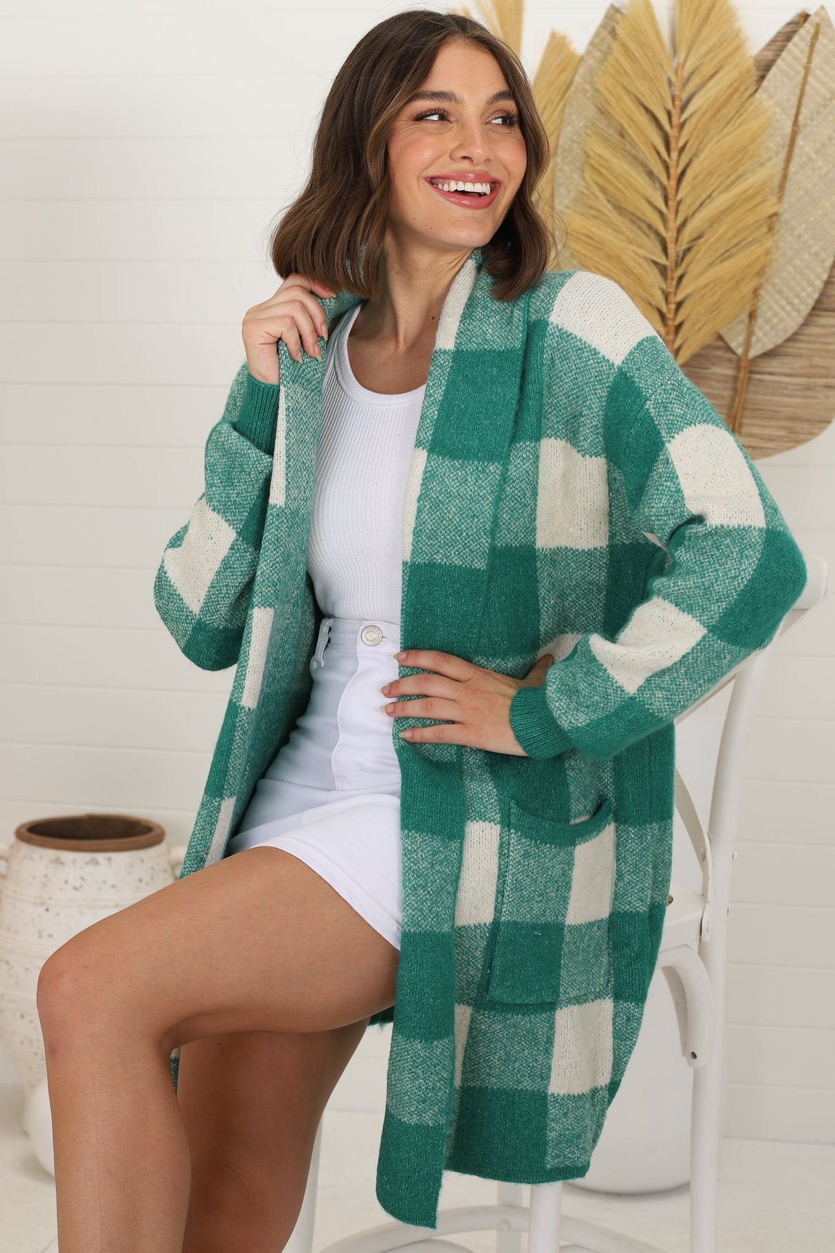 Adelen Cardigan - Folded Center Front Checkered Cardigan in Green