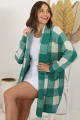 Adelen Cardigan - Folded Center Front Checkered Cardigan in Green