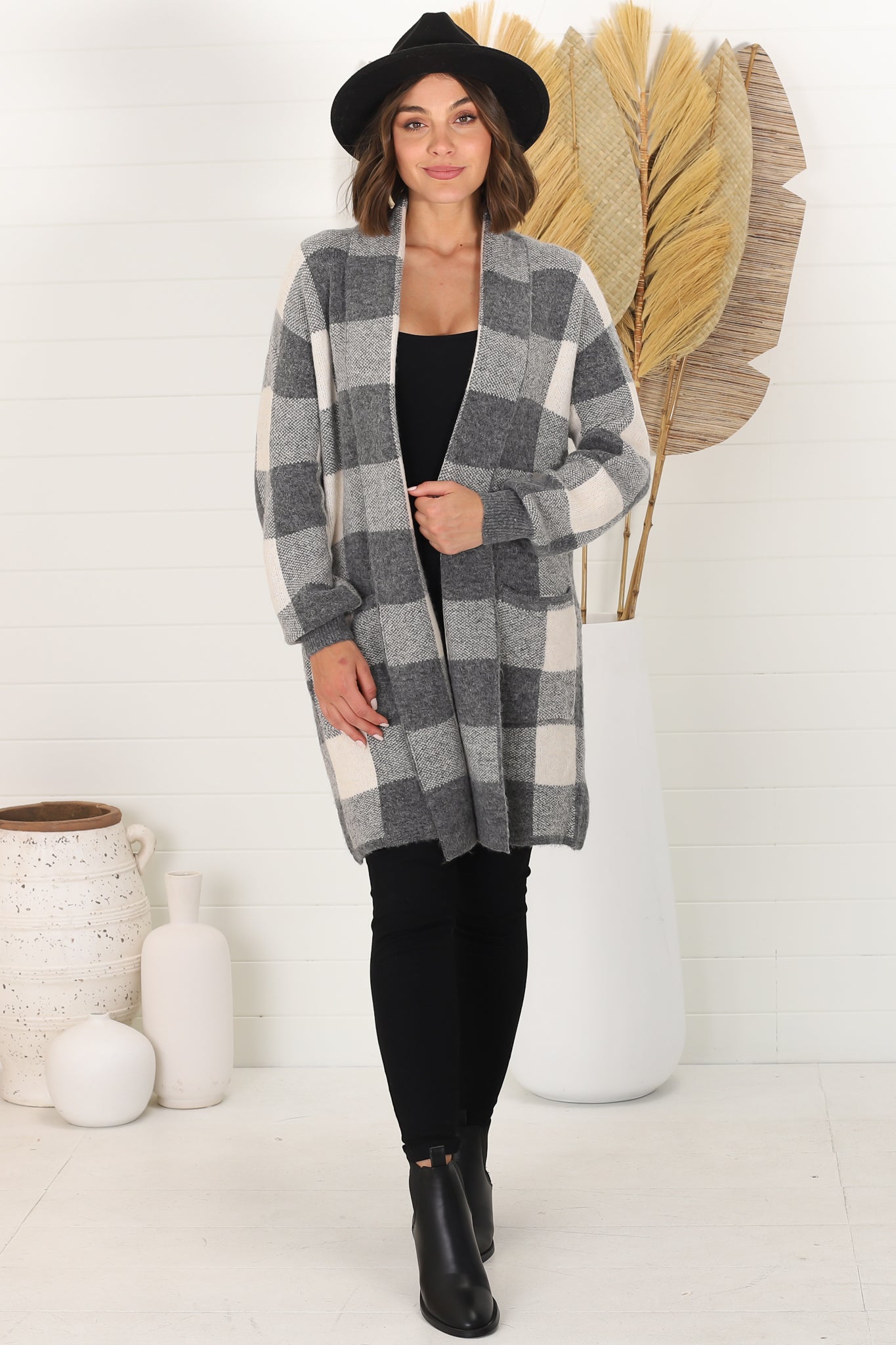 Adelen Cardigan - Folded Center Front Checkered Cardigan in Grey
