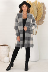 Adelen Cardigan - Folded Center Front Checkered Cardigan in Grey