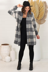 Adelen Cardigan - Folded Center Front Checkered Cardigan in Grey