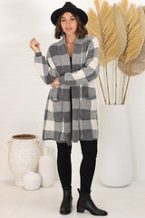 Adelen Cardigan - Folded Center Front Checkered Cardigan in Grey